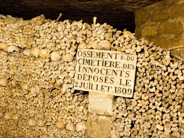 A sign placed amidst a wall of skulls and bones in the Catacombs of Paris.